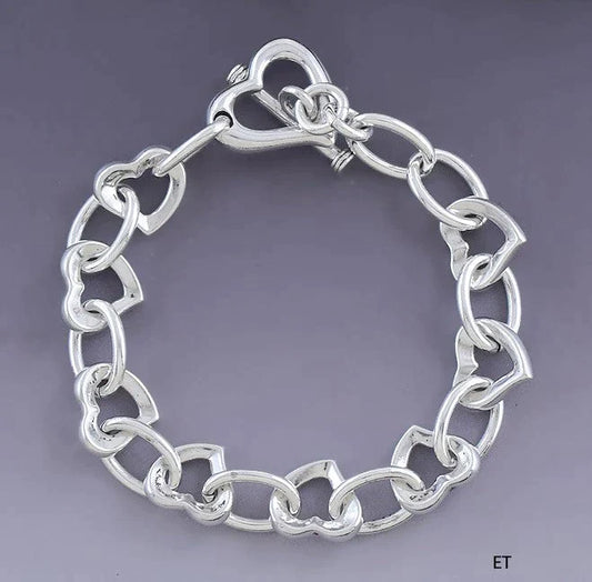 Wonderful Sterling Silver Hearts and Loops Link Bracelet w/ Toggle Clasp 7.5"