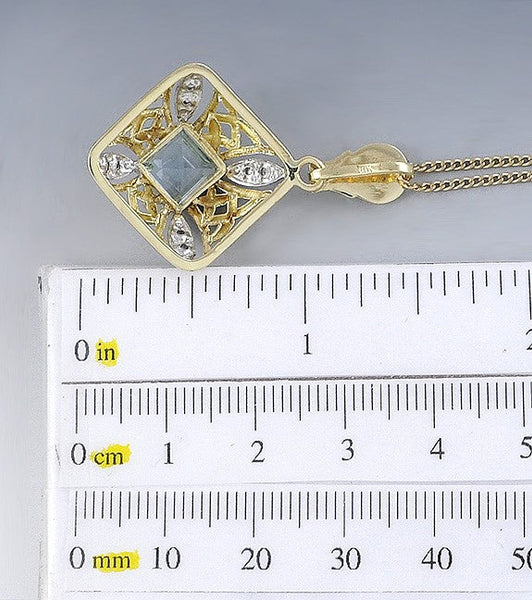 Lovely 14k Yellow Gold Aquamarine Diamond Filigree Pendant Necklace