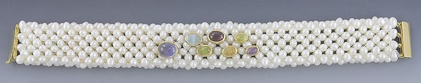 Unique 18k Gold Freshwater Pearl & Multi Color Gemstone Bracelet
