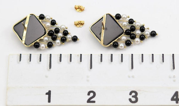Fun Art Deco Look 14k Yellow Gold Pierced Earrings with Pearls and Black Onyx