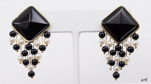 Fun Art Deco Look 14k Yellow Gold Pierced Earrings with Pearls and Black Onyx