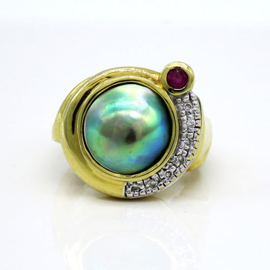 18k yellow gold black peacock Mabe pearl ruby diamond ring Michael Valitutti