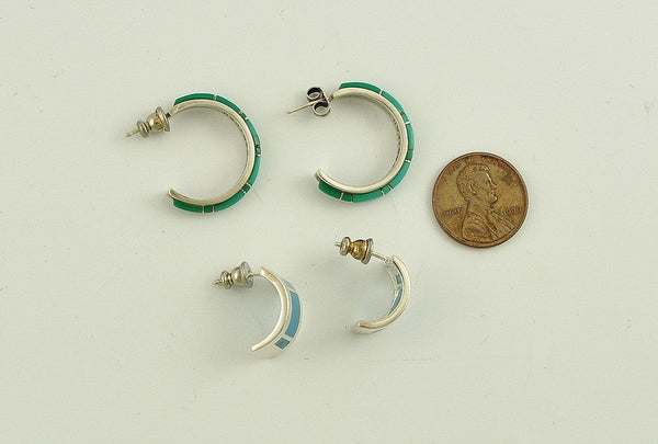 2 Pairs Sterling Silver Hoop Earrings Genuine Turquoise Pierced