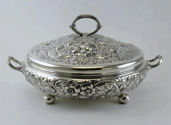 Huge Antique Sterling Silver Hand Chased Floral Entree Covered Serving Dish Bowl