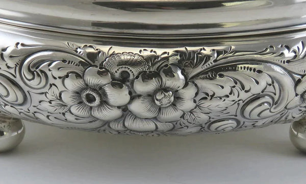 Huge Antique Sterling Silver Hand Chased Floral Entree Covered Serving Dish Bowl