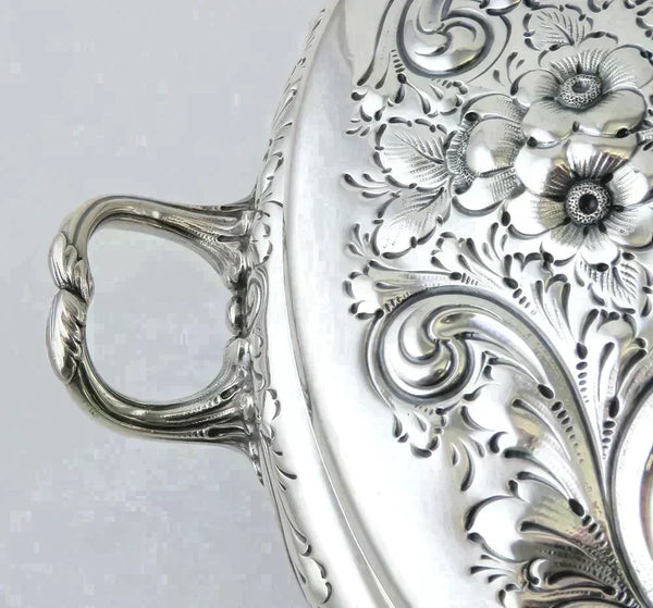 Huge Antique Sterling Silver Hand Chased Floral Entree Covered Serving Dish Bowl