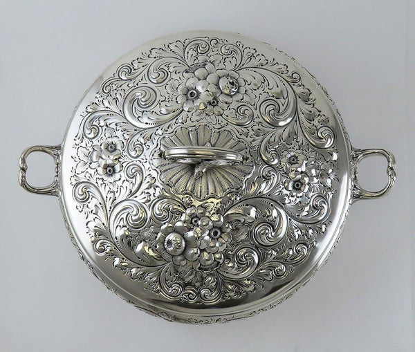 Huge Antique Sterling Silver Hand Chased Floral Entree Covered Serving Dish Bowl