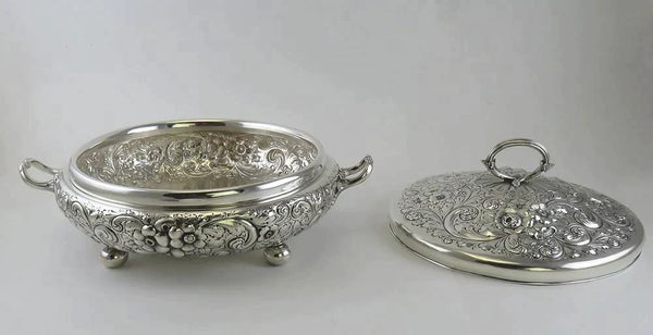 Huge Antique Sterling Silver Hand Chased Floral Entree Covered Serving Dish Bowl