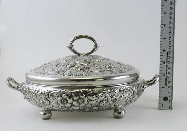 Huge Antique Sterling Silver Hand Chased Floral Entree Covered Serving Dish Bowl