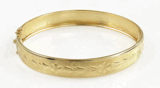 Italian 18K Yellow Gold Florentine Brushed Finish Flower Bangle Bracelet