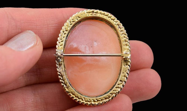 Shining 10k Yellow Gold Framed Carved Shell Cameo Pin w/ Fiery Accents