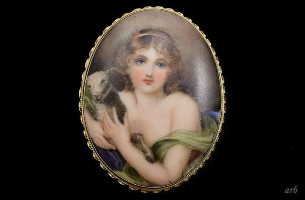 Beautiful Antique 14k Yellow Gold Portrait on Porcelain Pin Pendant