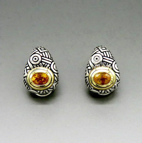 Designer Pair 18K Yellow Gold Sterling Silver Citrine Gemstone Clip On Earrings