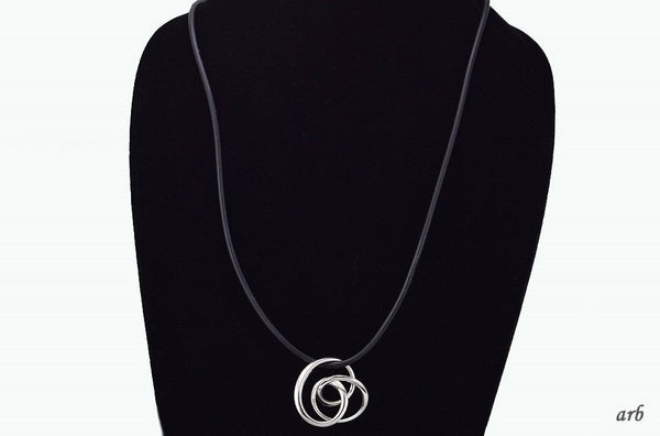 Fun Modernist Necklace Black Rubber Cord with Artsy Sterling Silver Pendant