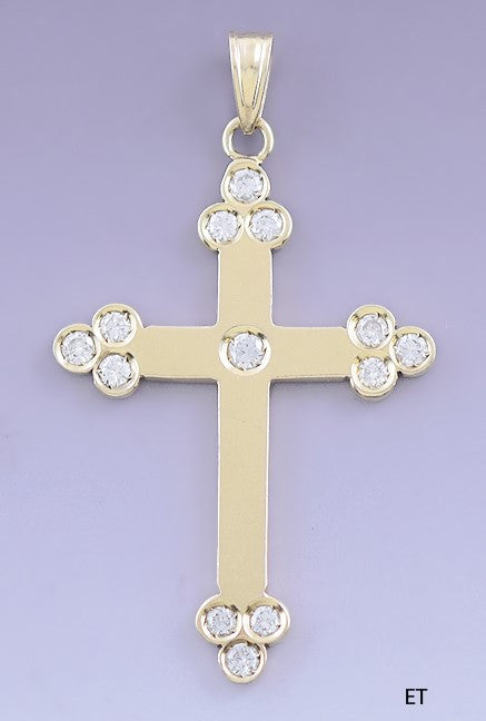 Superb 14k Yellow Gold & Diamond Budded Cross Pendant