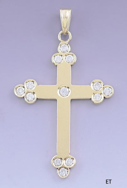 Superb 14k Yellow Gold & Diamond Budded Cross Pendant