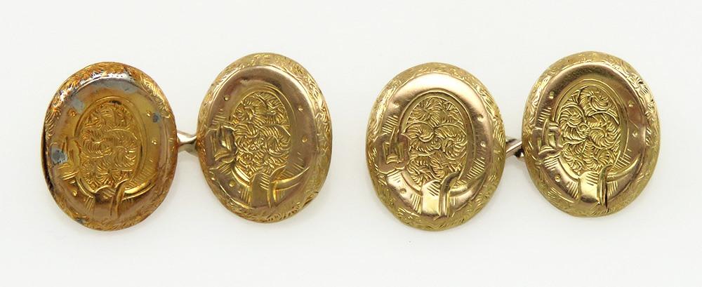 Antique English Georgian Hand Engraved 14K Yellow Gold Cufflinks