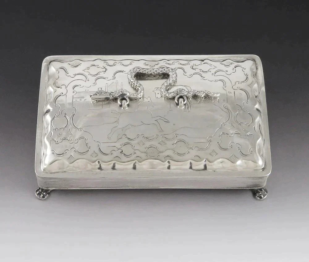 Fine Antique c1860 Dutch Silver Horse Scene Snake Handle Box 5 1/4" X 3 1/4"