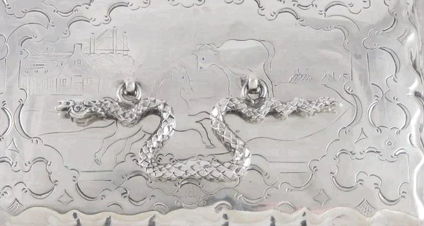 Fine Antique c1860 Dutch Silver Horse Scene Snake Handle Box 5 1/4" X 3 1/4"