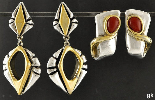 2 pairs sterling silver chunky earrings gold washed accents.