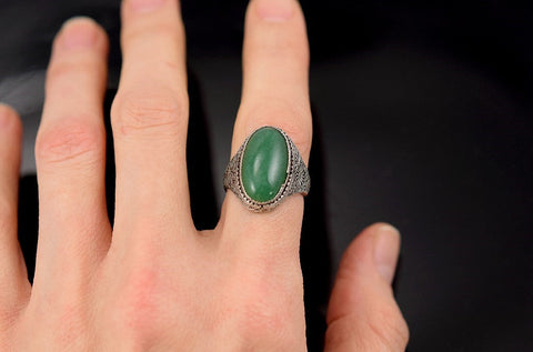 Fine Antique Chinese Silver Filigree Ring & Green Aventurine Gemstone Size 6.5