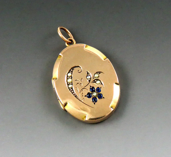 c1900 9k Gold Back and Front Blue Paste Seed Pearl Flower Locket Pendant