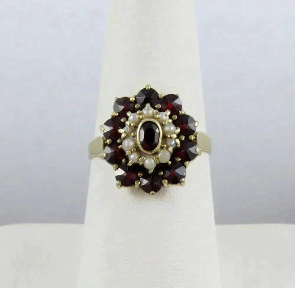 Vintage 14K Yellow Gold Natural Pearl Garnet Gemstone Halo Ring