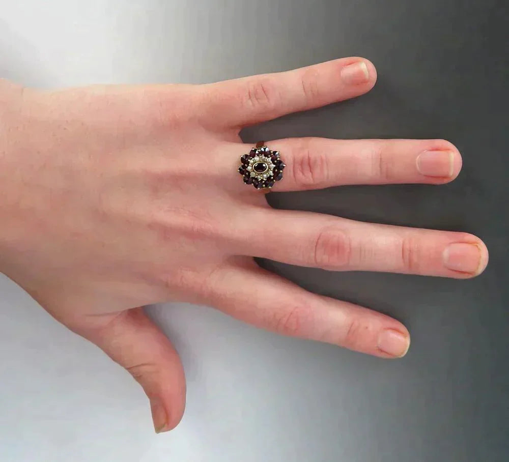 Vintage 14K Yellow Gold Natural Pearl Garnet Gemstone Halo Ring