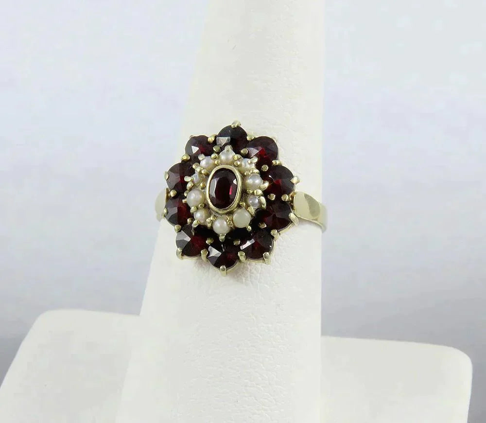 Vintage 14K Yellow Gold Natural Pearl Garnet Gemstone Halo Ring