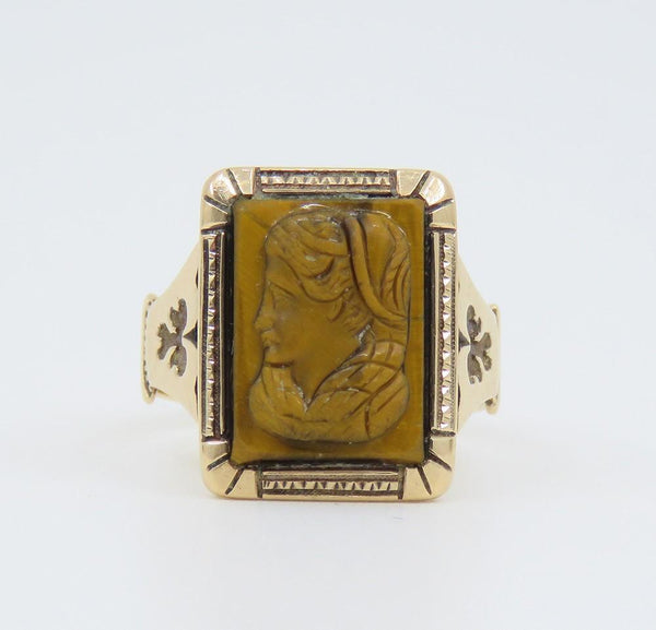 Antique Victorian 10K Yellow Gold Hand Carved Tiger's Eye Stone Cameo Ring