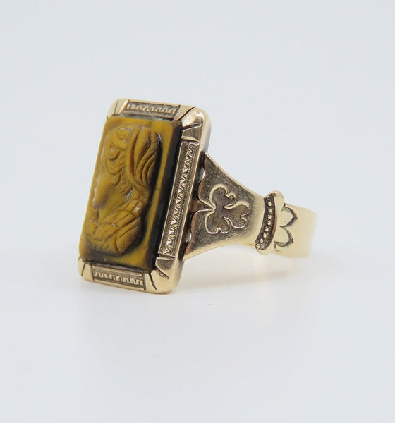 Antique Victorian 10K Yellow Gold Hand Carved Tiger's Eye Stone Cameo Ring