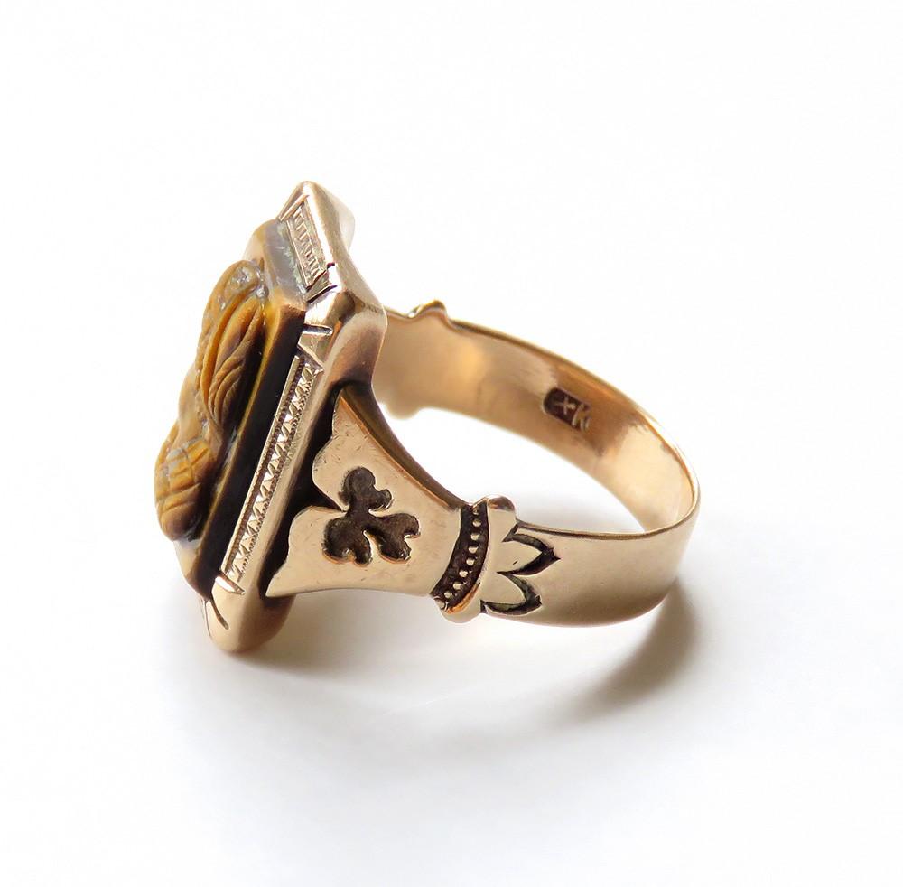 Antique Victorian 10K Yellow Gold Hand Carved Tiger's Eye Stone Cameo Ring