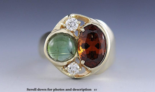 Artisan 14K Yellow Gold Cat's-Eye Tourmaline Mali Garnet Diamond Ring Size 9.25