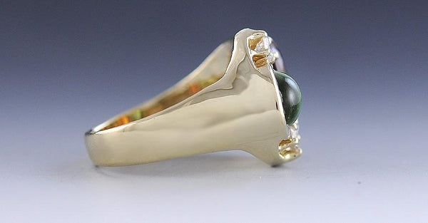 Artisan 14K Yellow Gold Cat's-Eye Tourmaline Mali Garnet Diamond Ring Size 9.25