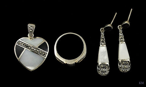 Sterling Silver Marcasite Onyx Mother of Pearl Heart Ring Earrings Pendant Set
