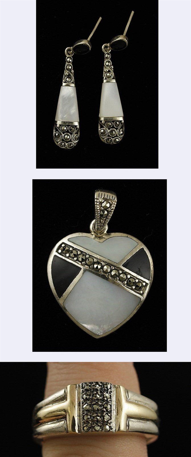 Sterling Silver Marcasite Onyx Mother of Pearl Heart Ring Earrings Pendant Set