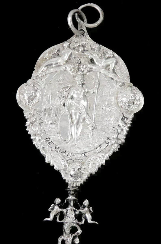 Antique 1852 Dutch Colonial Silver Flag Crest Huge Serving Fork 11 1/4"