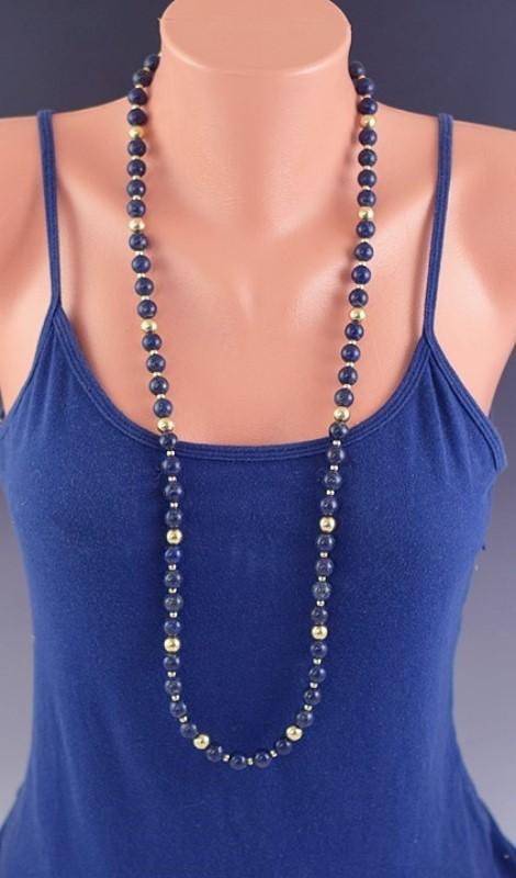 Stunning VTG Opera Length 14k Yellow Gold Lapis Lazuli Beaded Necklace 37"