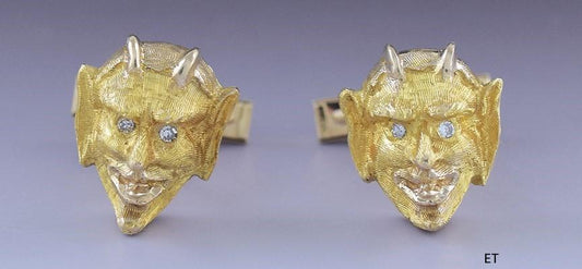 Delightful Pair 14K Gold & Diamond Devil Demon Imp Head Cufflinks