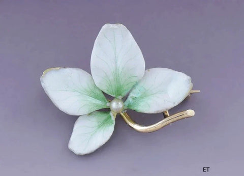 Art Nouveau Hammerman Bros 14k Gold White Green Enamel Floral Pearl Brooch
