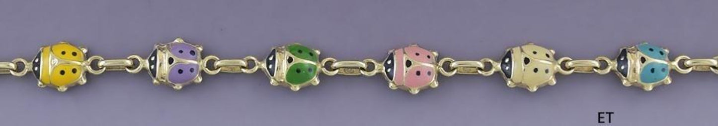 Cute Italian 14k Yellow Gold Colorful Enamel Ladybug Beetle Bracelet