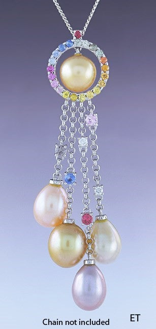 Vibrant 18K White Gold Multicolor Sapphire Pearl Pendant