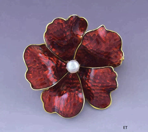 Antique c1890s 18K Yellow Gold Red Enamel Pearl Hibiscus Flower Pin Brooch