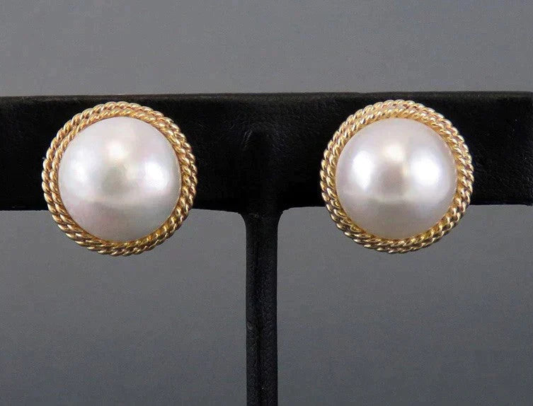 Retro Style 14K Yellow Gold Double Twist Rope Mabe Pearl Clip Earrings 18.2 mm