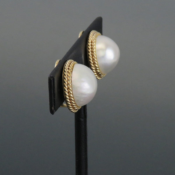Retro Style 14K Yellow Gold Double Twist Rope Mabe Pearl Clip Earrings 18.2 mm