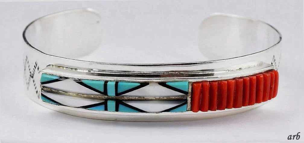Gorgeous and Unusual Sterling Silver U.S Southwest Turquoise Coral Cuff Bracelet