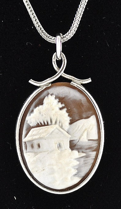 Beautiful River Landscape Cameo Sterling Silver Frame with Sterling Chain