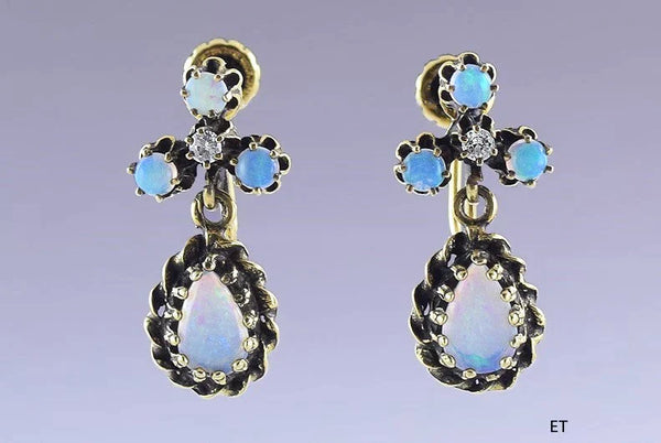 Lovely Pair 14K Yellow Gold Natural Opal Diamond Drop Dangle Earrings