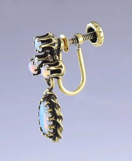 Lovely Pair 14K Yellow Gold Natural Opal Diamond Drop Dangle Earrings