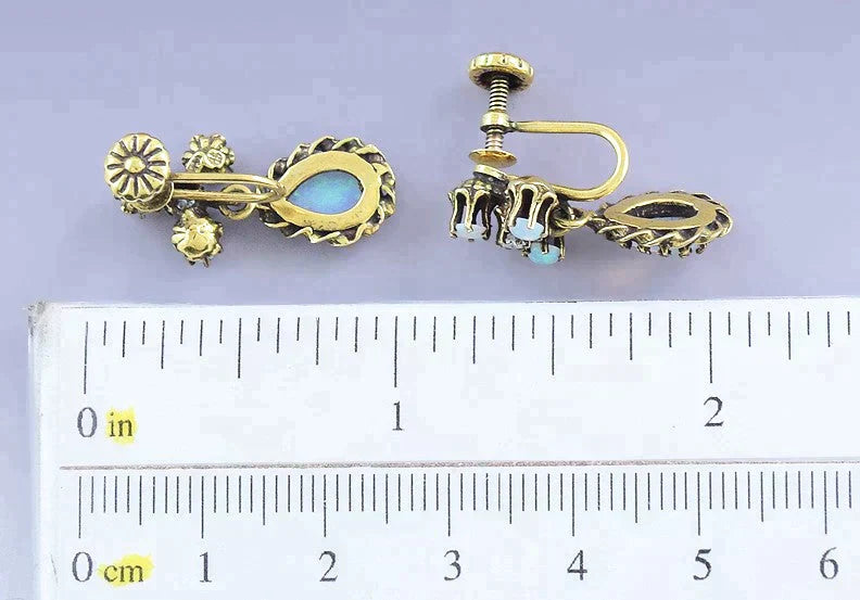 Lovely Pair 14K Yellow Gold Natural Opal Diamond Drop Dangle Earrings